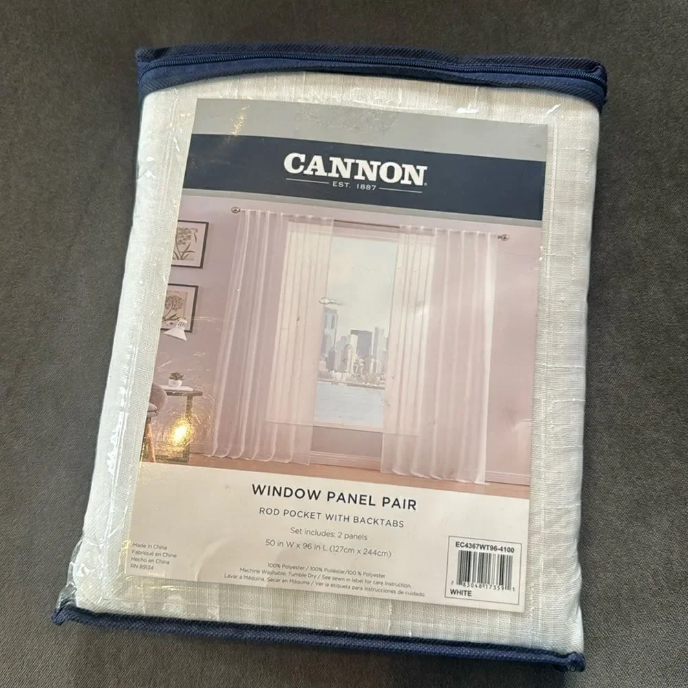 Cannon Curtains White Window Panel Pair Rod Pocket Back Tabs 50”W x 96”L NEW